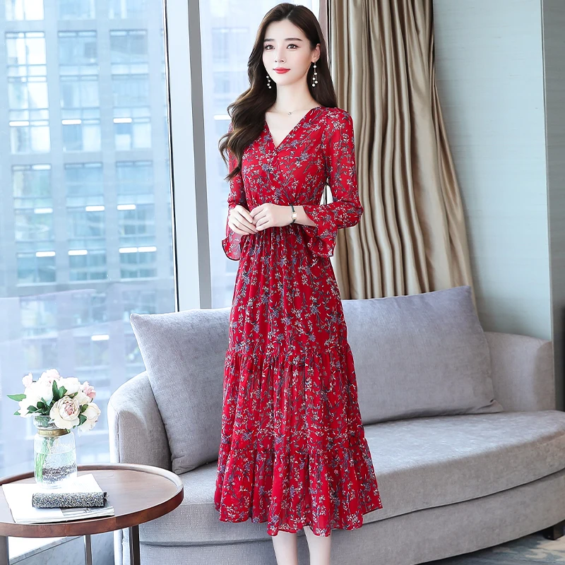 

2021 Vintage Red Boho Printed Chiffon Beach Midi Dresses Spring Women Plus Size Long Sleeve Maxi Dresses Party Bodycon Vestidos