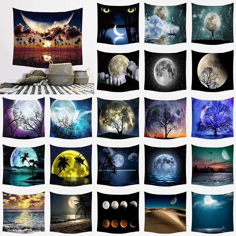 

Лидер продаж, гобелен для общежития серого и зеленого цвета с Луной и небом, супермягкий Настенный декор для спальни, красивая оконная занав...