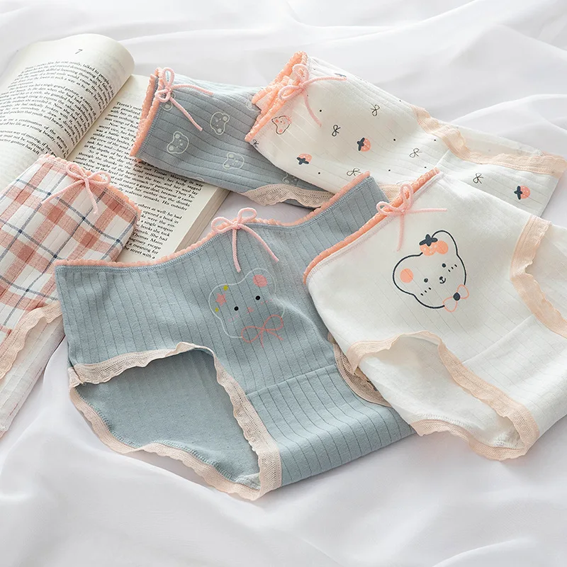 

DINGDNSHOW 3pcs Bow Panties Girls Student Lovely Cotton Mid Rise Cartoon Lace Briefs Breathable Underwear Women