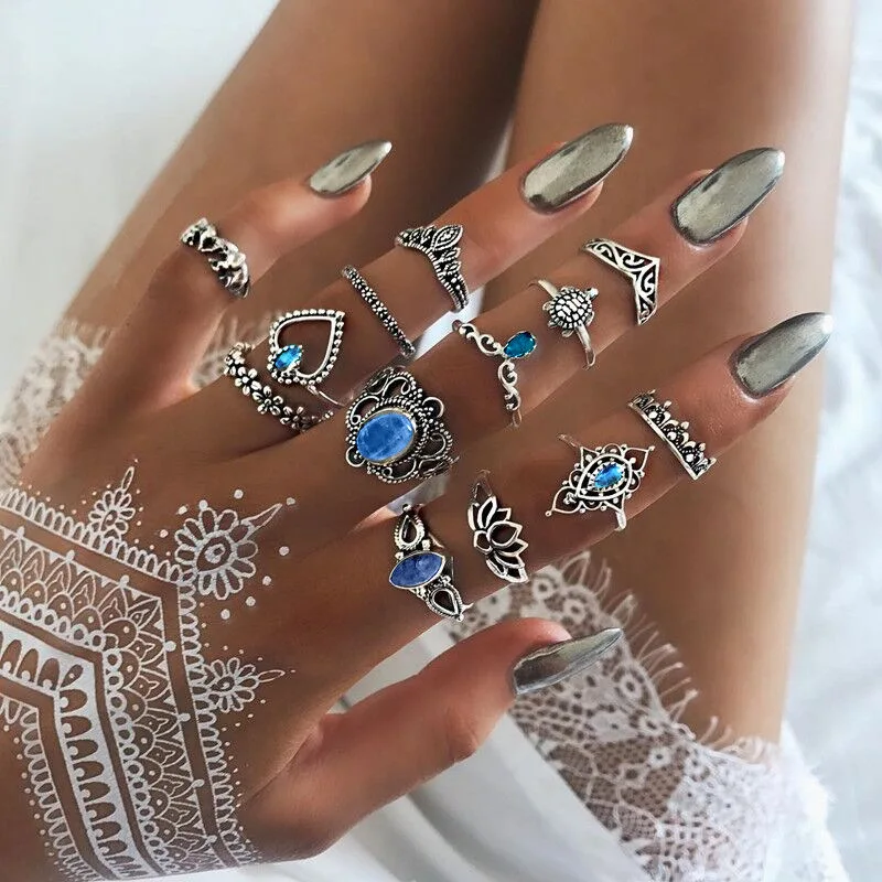 

13pcs Retro Diamonds Carved Crown Starry Sky Gem Combination Set Rings Whole Sale