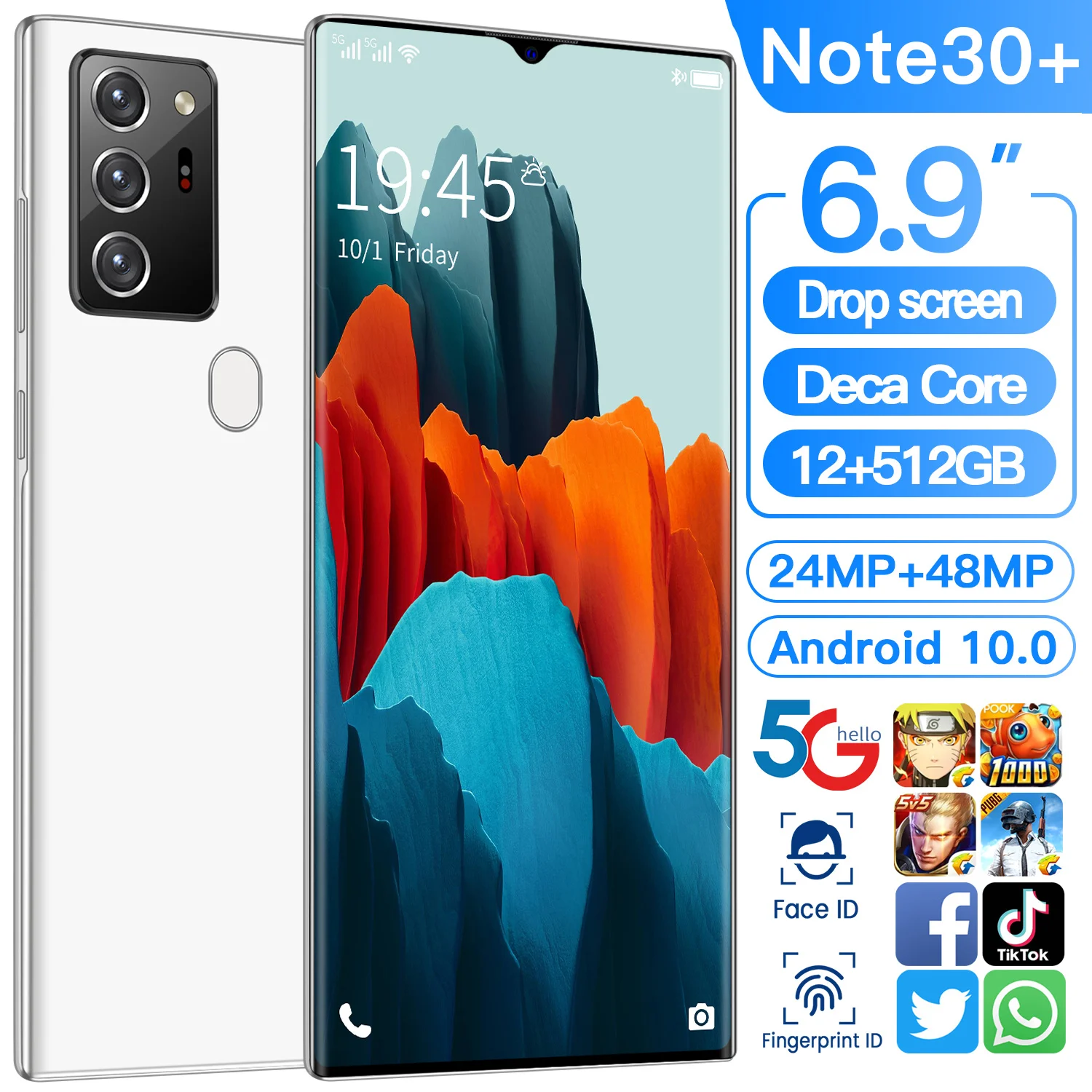 

Galax Note30+ 6.9inch 5G Smartphone 6000mAh Android10 Mobile Phone Network 12+512G HD Screen Global Fingerprint Unlock Cellphone