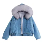 2022 большая джинсовая куртка с воротником из искусственного меха женская зимняя теплая джинсовая куртка с капюшоном однотонная Базовая короткая Парка женская куртка-бомбер # T2G