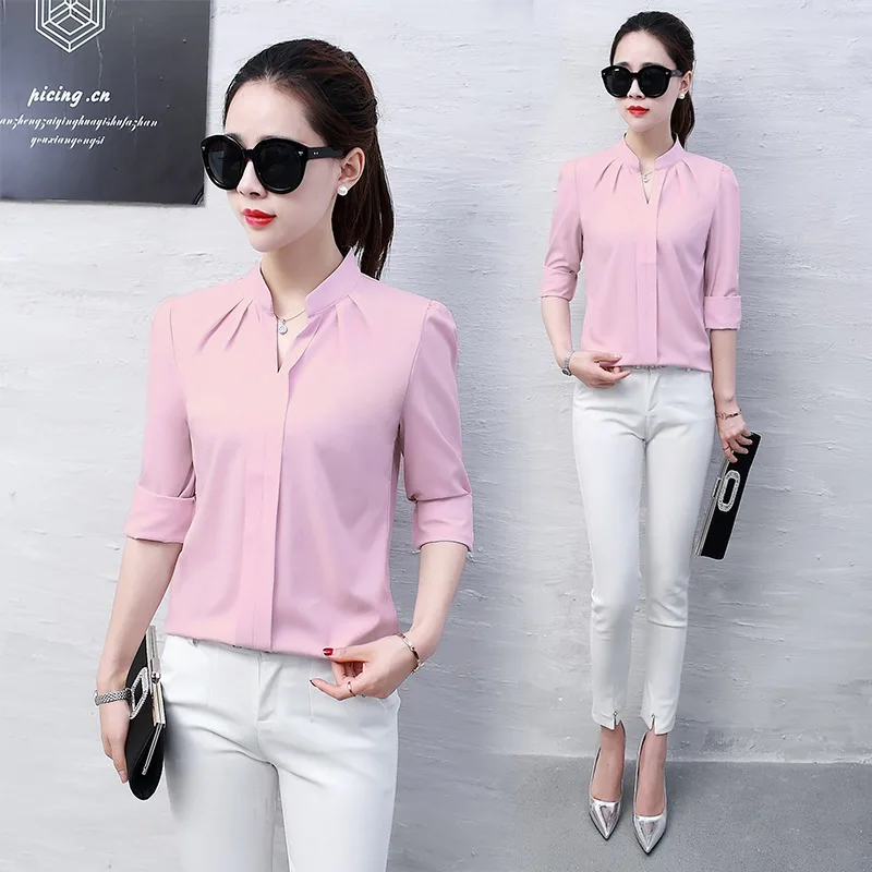 

Women Sexy V-neckline Chiffon Blouse Ladies Long Sleeve Pleated Shirts Elegant Plus Size Stylish Office Blouse