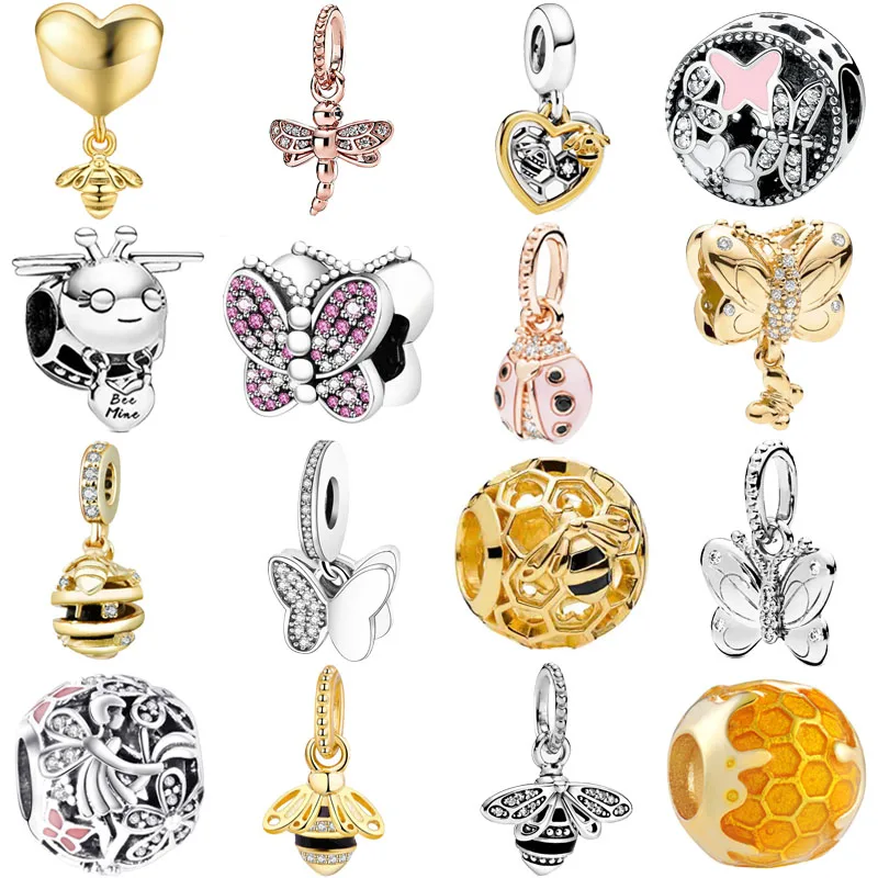Пчелы бабочки S925 стерлингового серебра Насекомые Подвески Бусины Подходят
