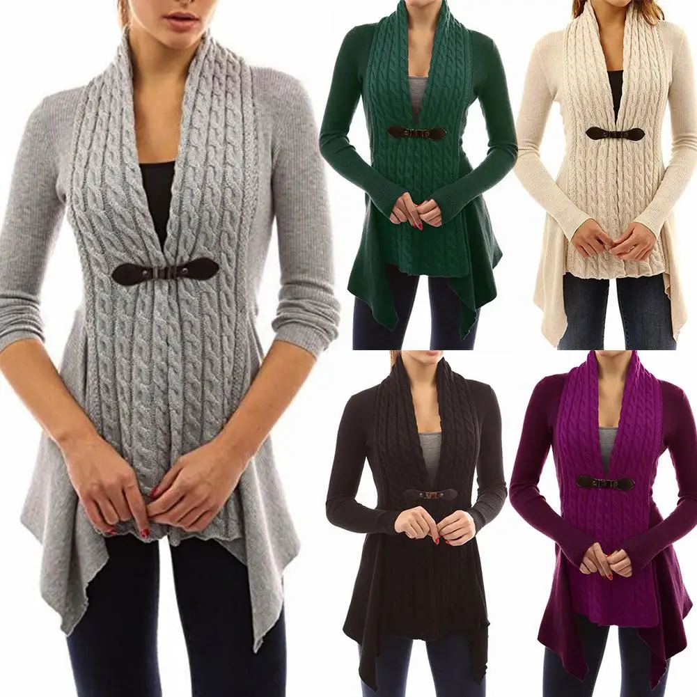 

Autumn Winter Lady Solid Color Long Sleeve Buckle Braid Front Irregular Cardigan
