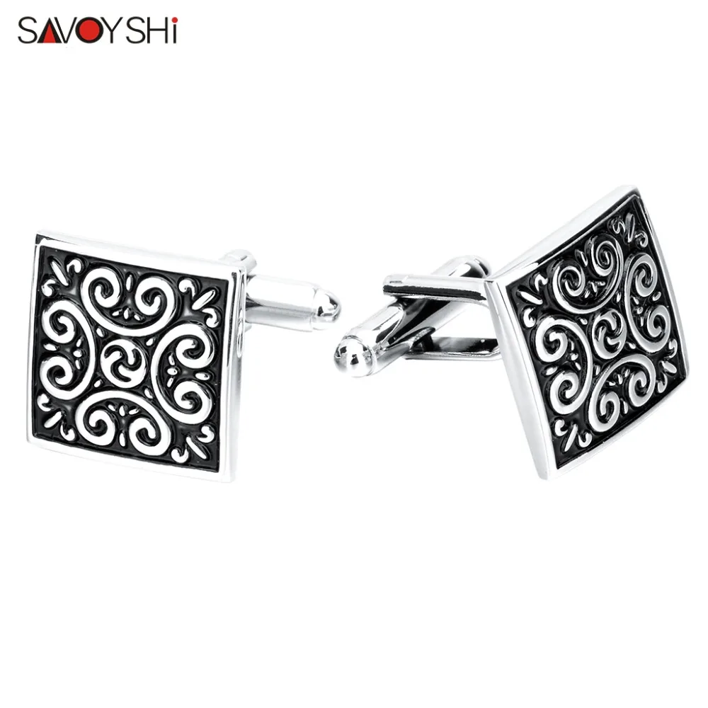 Square Cufflinks SAVOYSHI модные черные эмалевые Узоры запонки высокого качества рубашки запонки мужские манжеты пуговицы прекрасный подарок бренд мужские ювелирные изделия - Окраска металла: Square Cufflinks