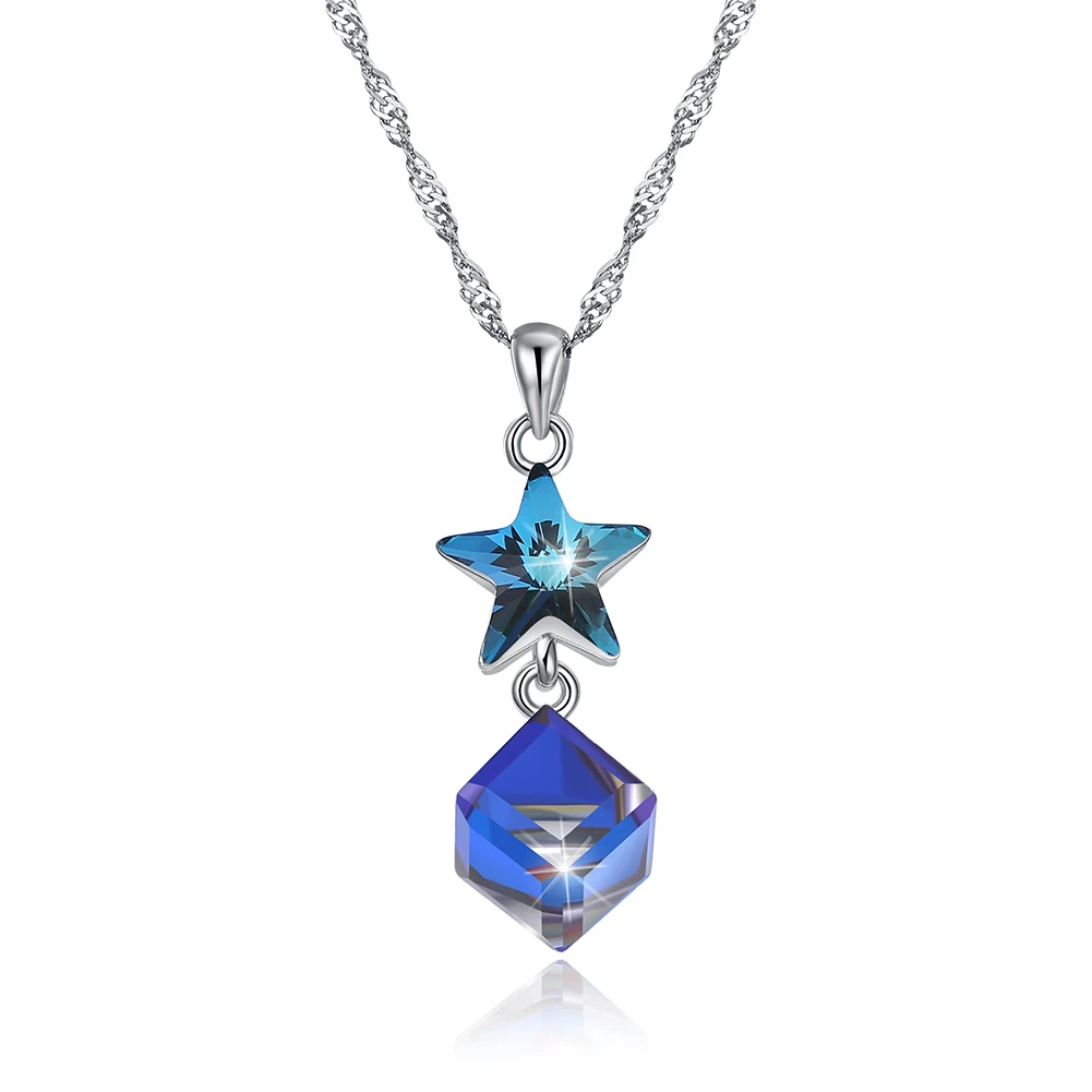 

ZEMIOR Sterling Silver 925 Jewelry Star Necklace Women's Blue Square Austria Crystal Pendant Necklaces Valentine's Day Gift