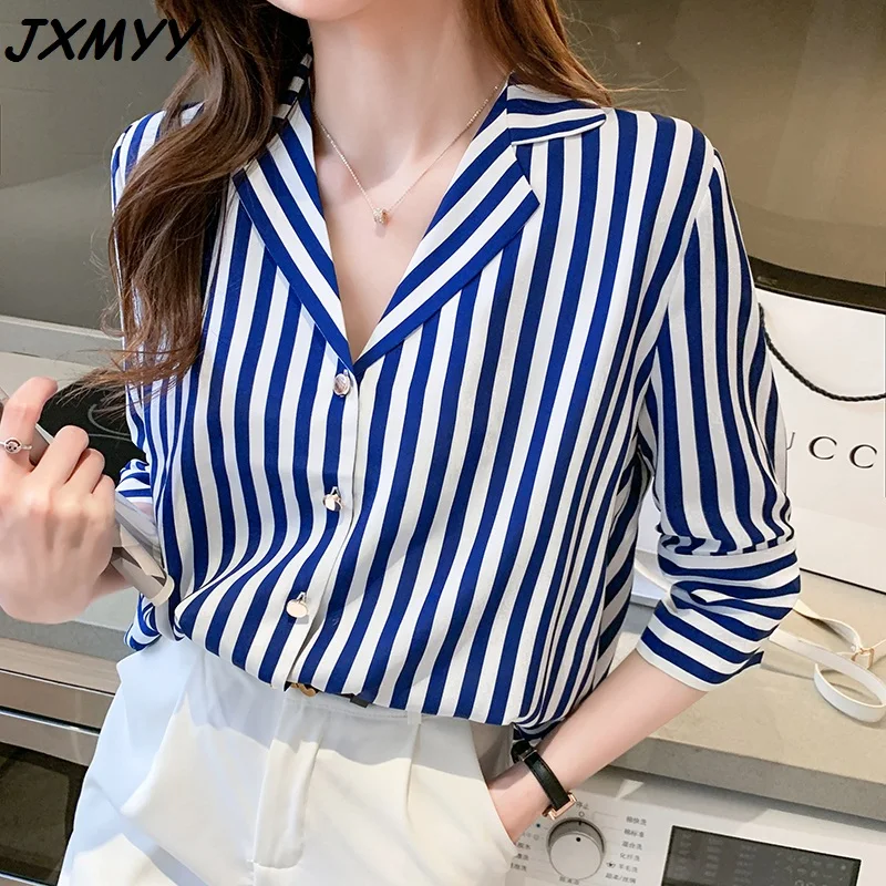 

Vertical striped shirt women 2021 spring and summer fashion new chiffon shirt casual sleeve top Han Fanqiu JXMYY