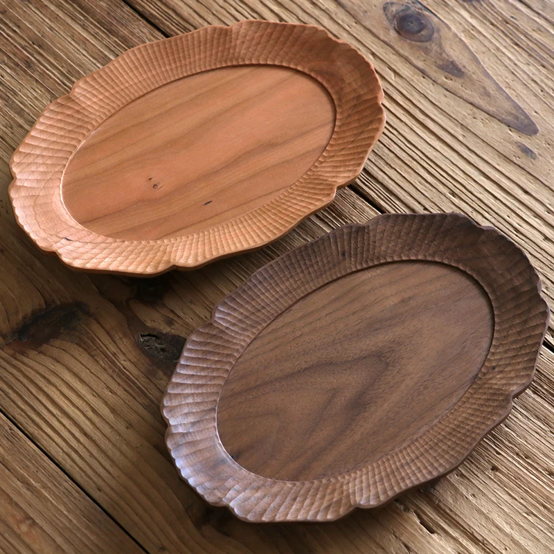 

Black walnut Japanese wooden tray cherry wood oval lace dinner plate manual log plate household