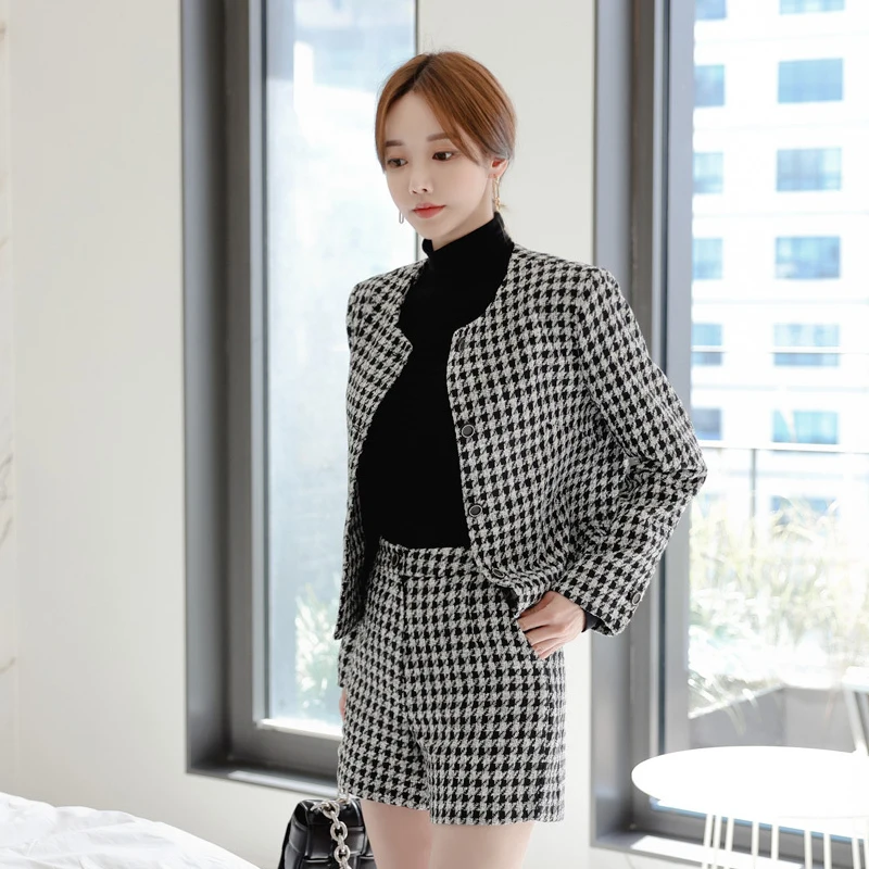 

JSXDHK 2022 Korean Style Houndstooth Slim Jacket Short Coat + High Waist Slim Short Pants Women Two Piece Set Casual Clothing