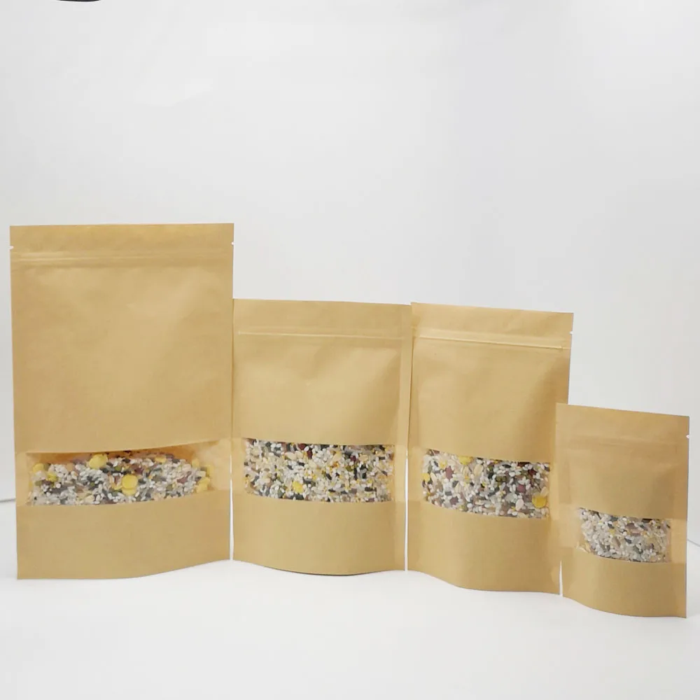 

100pcs Zipper Kraft Paper Bags For Gifts Food Kraft Gift Candy Bags ZipLock Kraft Bag Window Stand Up Gift Wedding Packaging Bag