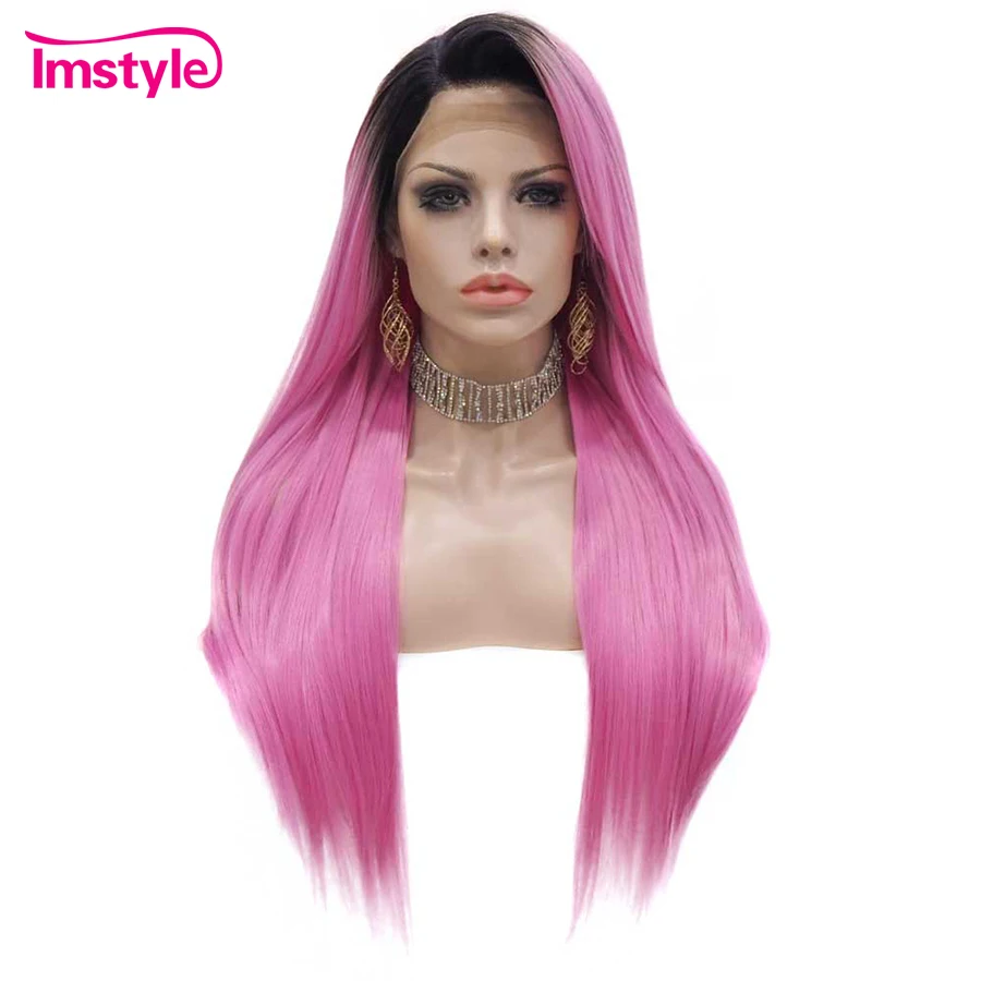 

Imstyle розовый парик черный корень прямой синтетический кружевной передний парик длинные волосы парики для женщин термостойкие волокна косп...