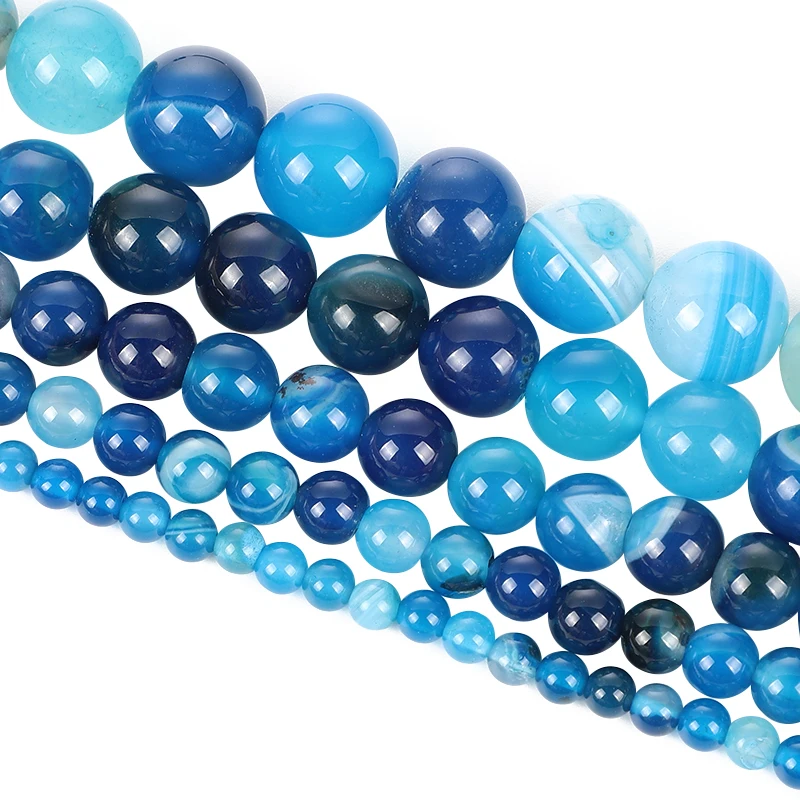 15 &quotнитка из натурального камня бисер Гладкий синий в полоску Агаты круглые