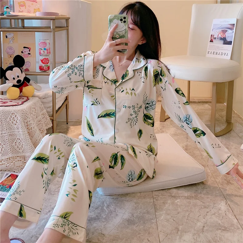 

Autumn New Long Sleeve Lapel Women Pajamas Set Plant Print Sleep Wear Pyjamas 2 Piece Winter Nightwear Plus Size Lingere