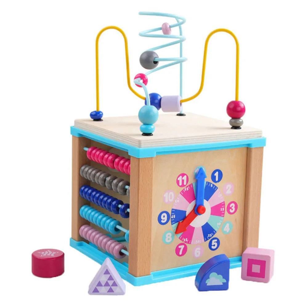 6 in 1 Wood Bead Maze Activity Cube Natural & Non-toxic Center Box Early Learning Educational toys for Children |