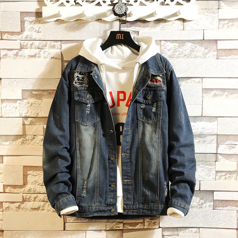 

Wholesale 2021 spring and autumn street hip hop ripped denim jacket male teenager student men loose ribbon Korean denim jacket