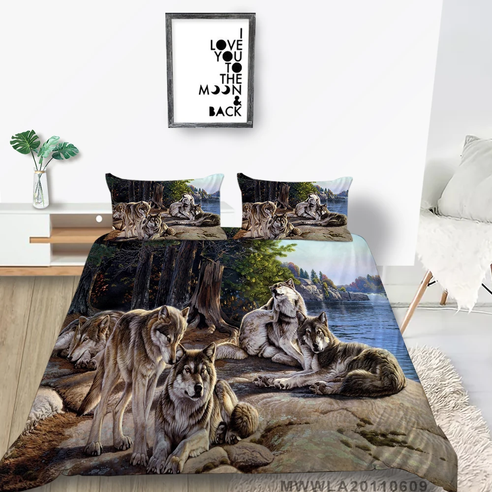 

Wolf Pack Bedding Set King Size Fashion Artistic 3D Lake Duvet Cover Twin Full Double Single Queen Forest Bed Set Wolves