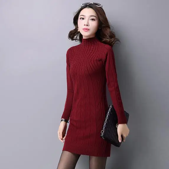 Осенние трикотажные хлопковые однотонные обтягивающие женские платья свитеры