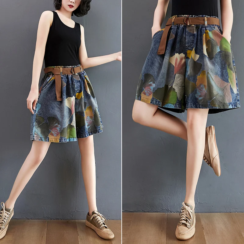 Шорты женские джинсовые с принтом свободные повседневные штаны широкими