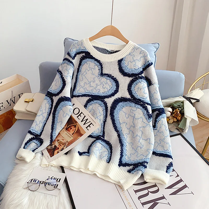 

Свитер EBAIHUI, Женский пуловер с круглым вырезом и принтом сердец, повседневный Свободный вязаный винтажный джемпер в стиле Харадзюку, зимние ...