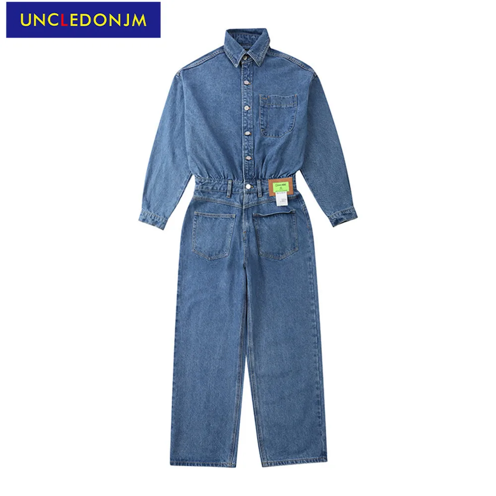 

Джинсовый комбинезон UNCLEDONJM в японском стиле, уличная одежда в стиле Харадзюку, свободные брюки с широкими штанинами, цельный костюм из джин...