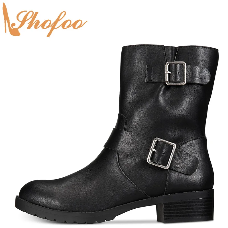 

Женские ботильоны на среднем массивном каблуке, черные ботинки с двойной пряжкой и ремешком, с круглым носком, на молнии, большие размеры 12 15