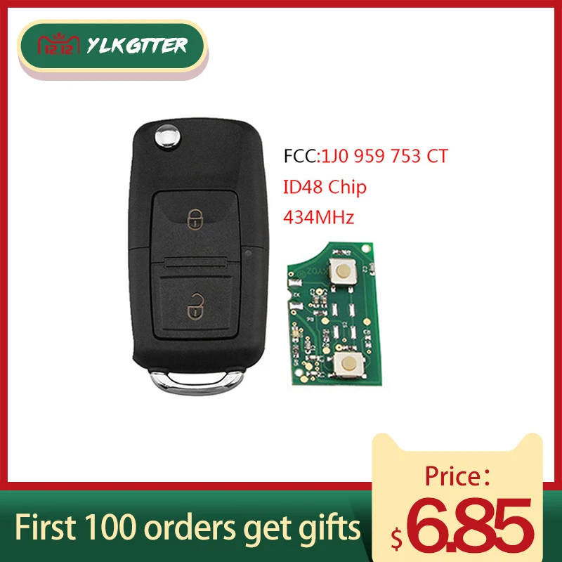 YLKGTTER 1J0 959 753 CT дистанционный ключ для VW/Volkswagen Bora Polo Golf 4 MK4 Transporter 434MHz с ID48 чипом HU66 Uncut Blade
