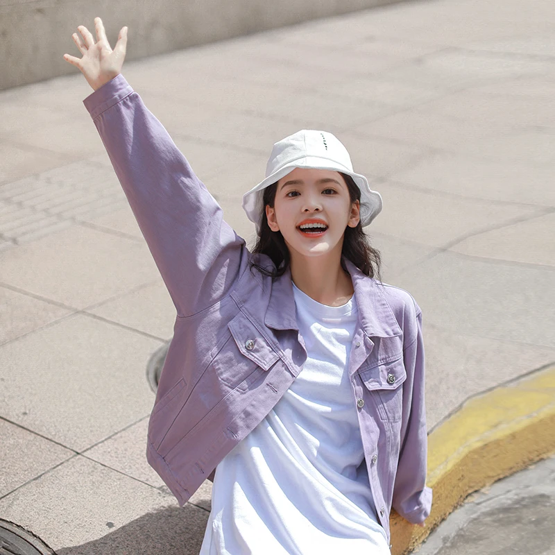 Женская Весенняя джинсовая куртка короткая однотонная повседневная Молодежная