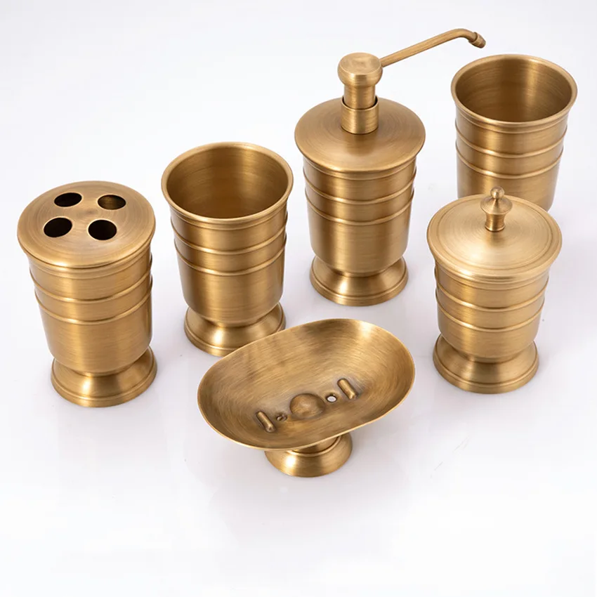 

Antique Solid Brass Bathroom Accessories Toothbrush Cup Holder Brushed Mouthwash Cup Toiletry Set Hand Soap Dispenser