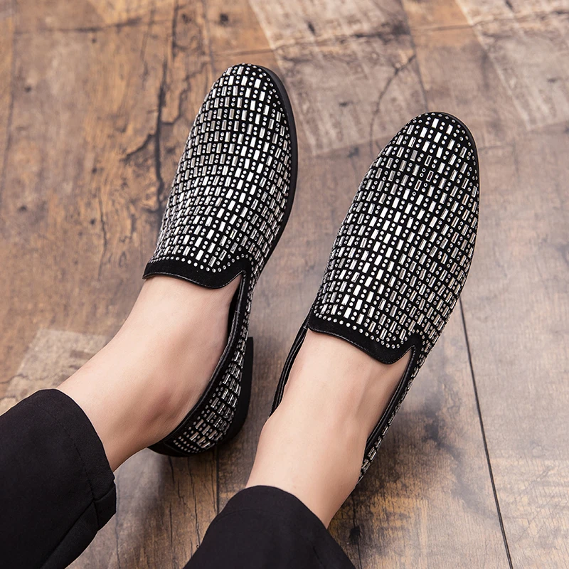 Brand Black Rhinestone Men Dress Shoes Velvet Crystal Luxury Moccasins Men's Loafers Office Business Party Flats Zapatos Hombre | Обувь