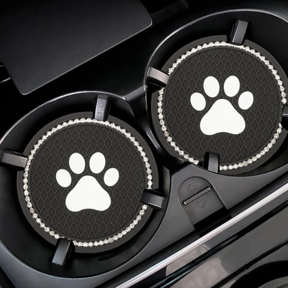 

2pcs/pack Vehicle Bling Car Coasters Cup Holder Silicone Anti Slip Dog Paw Coaster Mat Auto Accessories Universal 7cm Black Pink