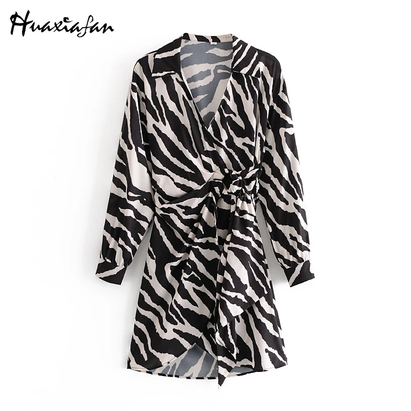 

Huaxifan Woman Dress Fashion V-Neck Animal Zebra Pattern Lace up Slim Mini Dress Chic Tie A Knot Party Dresses Vestido De Mujer