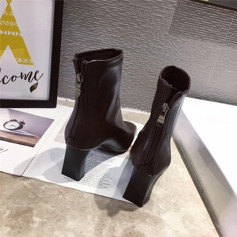 

2020 Winter Fall Luxury Women 6.5cm Block High Heels Ankle Boots Black Heels Soft Leather Sock Boots Western Chelsea Boots Shoes