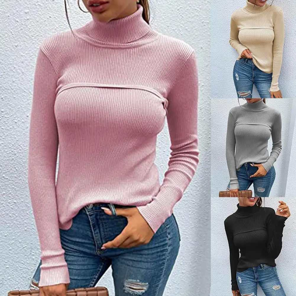 

Women's Sweater Solid Color Ribbed Polyester Turtleneck T-shirt Slim Base Sweater for Autumn Winter Sexy Casual Female T-shirt