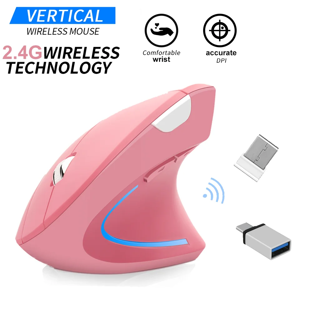 

Ergonomic Vertical Mouse Wireless 2.4Ghz Gaming Computer Mice 1600 DPI USB Optical 6D Pink Mause With RGB Light For Gamer Office