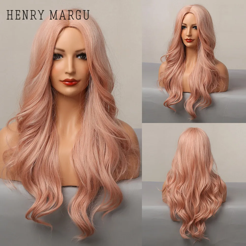 

HENRY MARGU Long Wavy Light Pink Ombre Synthetic Hair Wig for Women Afro Cosplay Lolita Daily Wig Middle Part Heat Resistant Wig