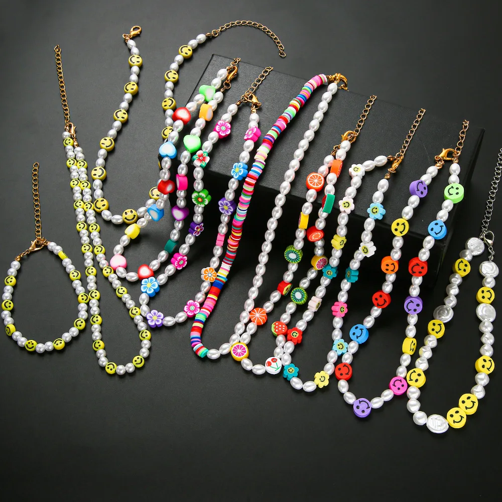 Ожерелье-чокер с бусинами и смайликом модное милое летнее ожерелье жемчугом