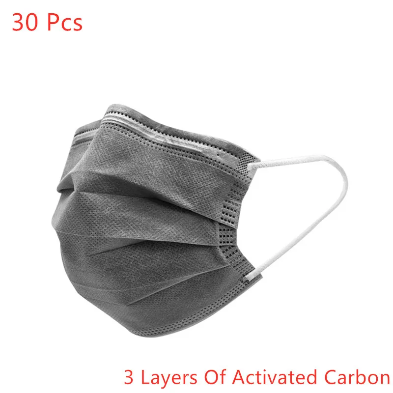 30 шт маска для рта Защитная защита от пыли 3 слоя активированного угля серый цвет