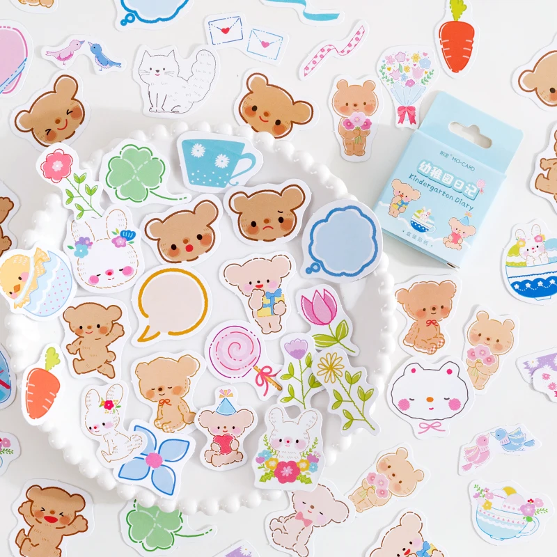 

45Pieces Mini Boxed Stickers Cartoon bear bunny cat heart Hand account Scrapbook materials handmade decorative Seal DIY 4CM