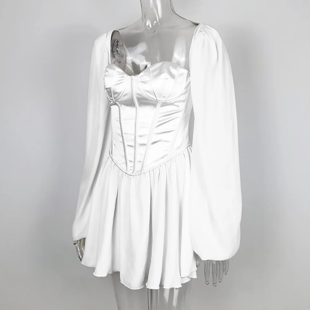 

Women Ruffles Party Dress Square Collar White Short Dresses Chiffon Mini Dress Strapless High Waist