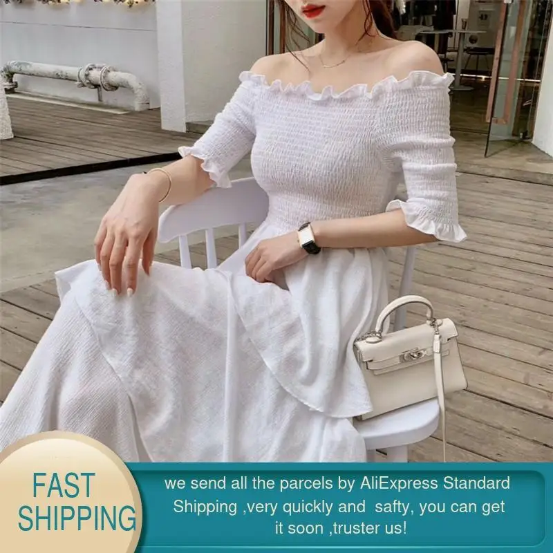 Винтажное платье с открытыми плечами белое длинное в Корейском стиле шифоновые