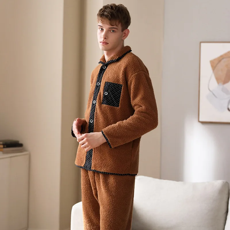 Pajamas Sets Men's Lamb Cashmere New Autumn Winter Thickened Warmth Loose Home Clothes Coral Velvet Sleepwear Lounge Nightwear
