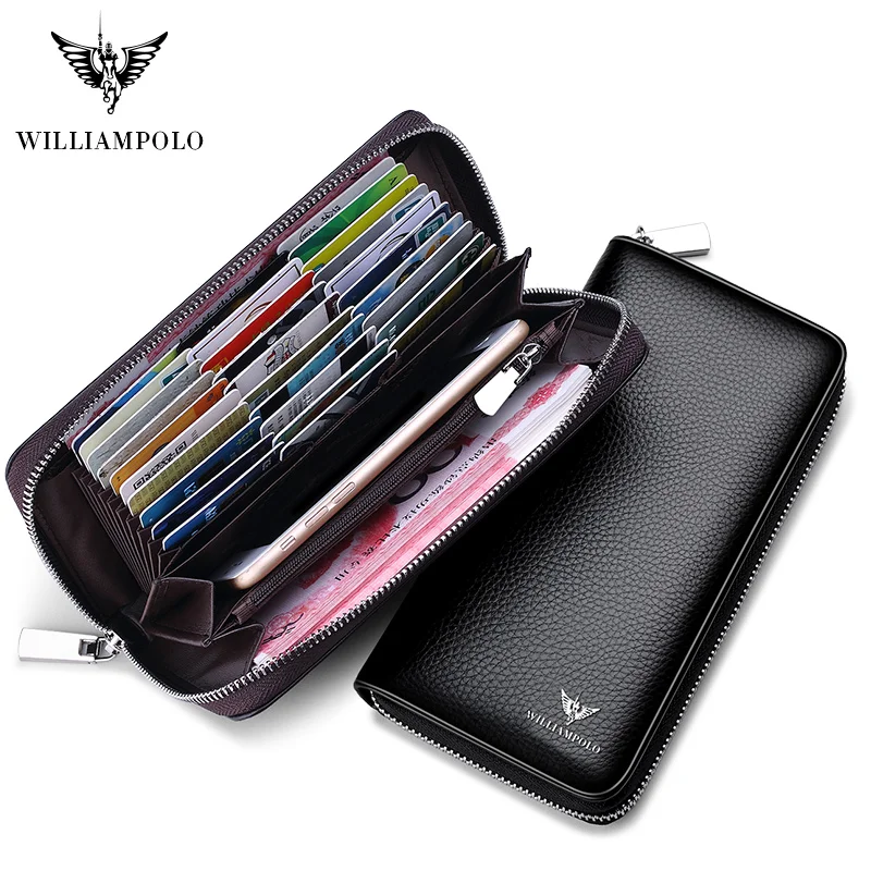 

Mens Credit Card Holder Cow Leather Long Clutch Bags WILLIAMPOLO Phone Business Card Checkbook Organizer Wallet Fashion Zipper