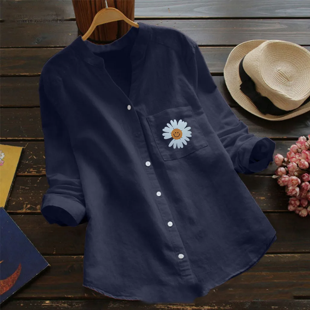 

2021 New Long-Sleeved Button T-Shirt European Size Women's Cotton and Linen Small Daisy Print Large Size Casual Loose Top WCQa24