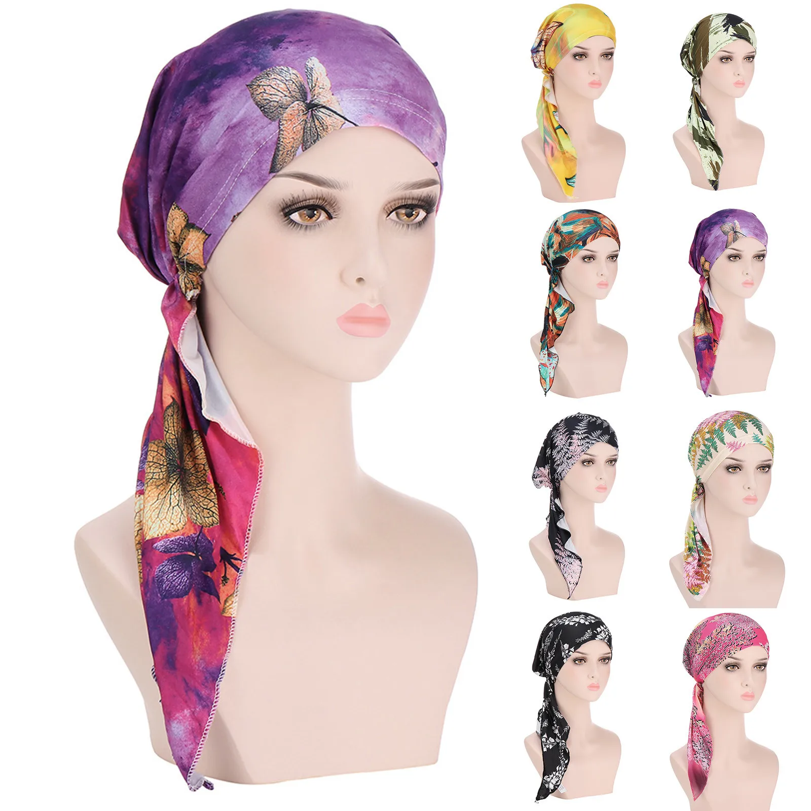 

Muslim Headband Women Turban Hair Cap Headscarf 2021 Muslim Printing Curve Calico Hat Socket Head Cap Scarf Wrap For WomeN