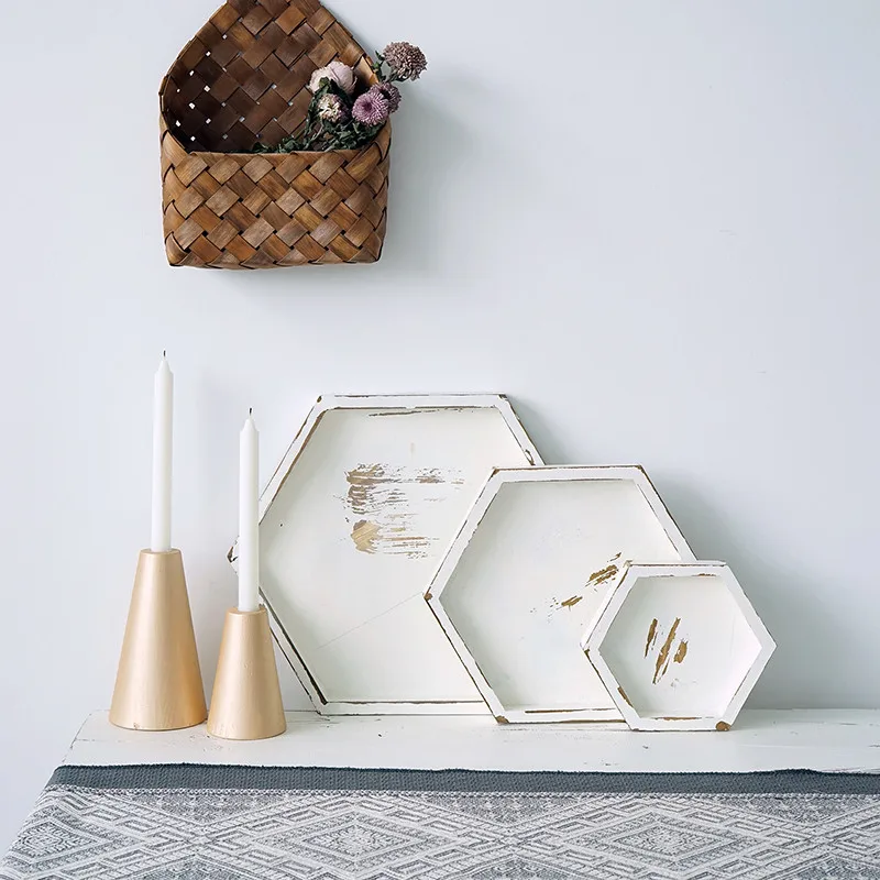 Tobs Hexagon wood tray vintage white style handmade cupcake cake table decoration dessert makeup jewelry holder ring trays | Дом и сад