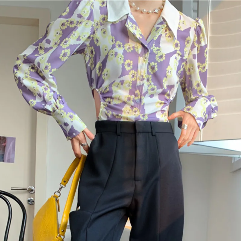 

Summer Print Floral Slim Bodysuit For Women Lapel Long Sleeve High Waist Hollow Out Hit Color Jumpsuit Female Fashion New 2021