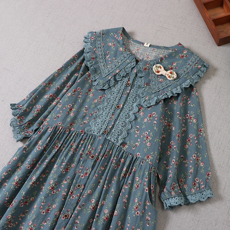 

New Summer Women Cotton Dresses Japan Style Mori Girl Floral Print Peter Pan Collar Loose Lace Short Sleeve Dress