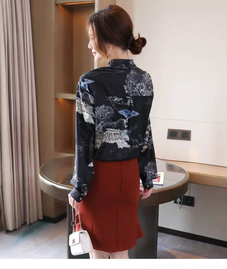 

Houthion Silk Women's Blouses Printed Shirt Casual Long Sleeve Top Loose Summer Fashion Silk Blouse Office Lady Button Full