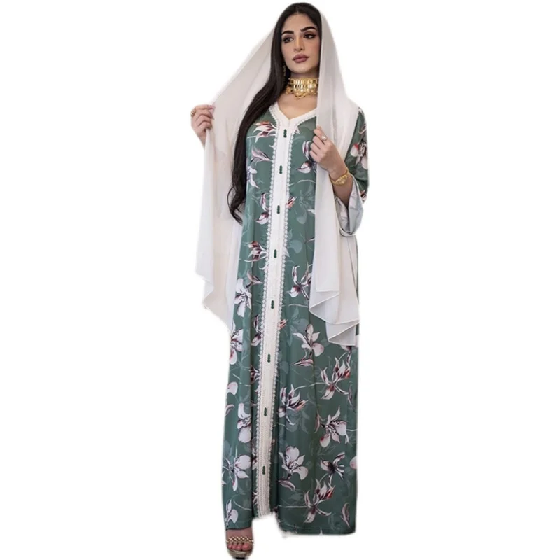 

Ethnic V Neck Ribbon Maxi Dress Fall Loose Muslim Jalabiya Abaya Dresses Full Sleeve Arabic Islamic Dubai Clothes